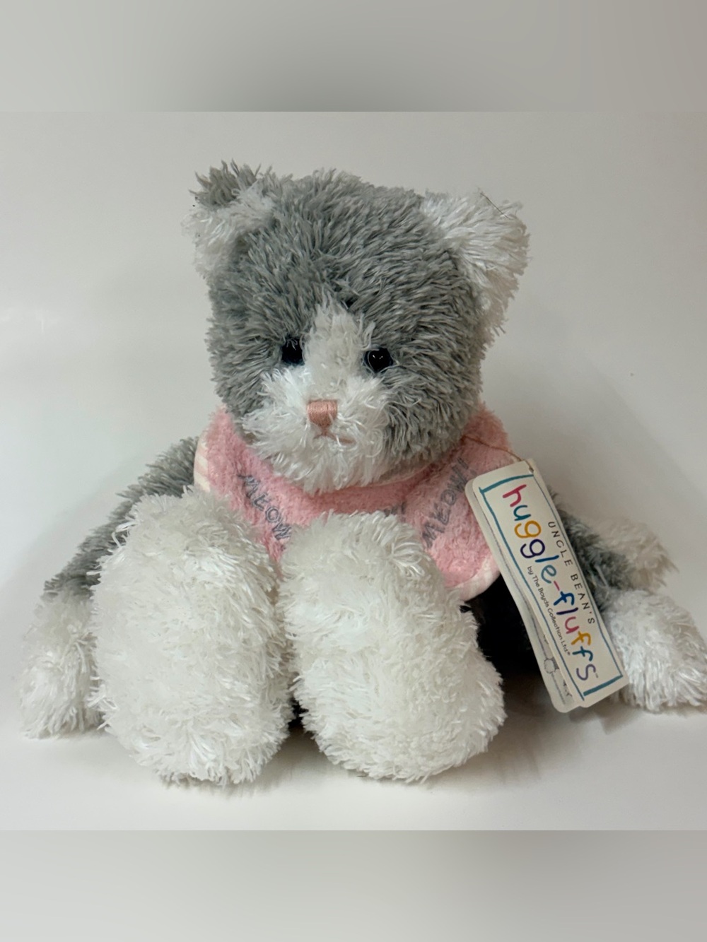 Boyds Bears Huggle Fluffs Gray White Kiddy Kitty Cat Rattle Pink Bib Plush 2001